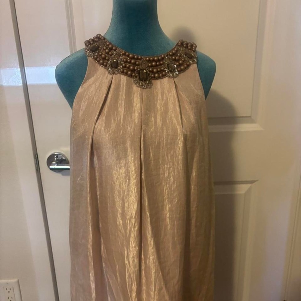 Elegant tan‎ dress beige, satin, evening, embellished neckline dress - Picture 3 of 7